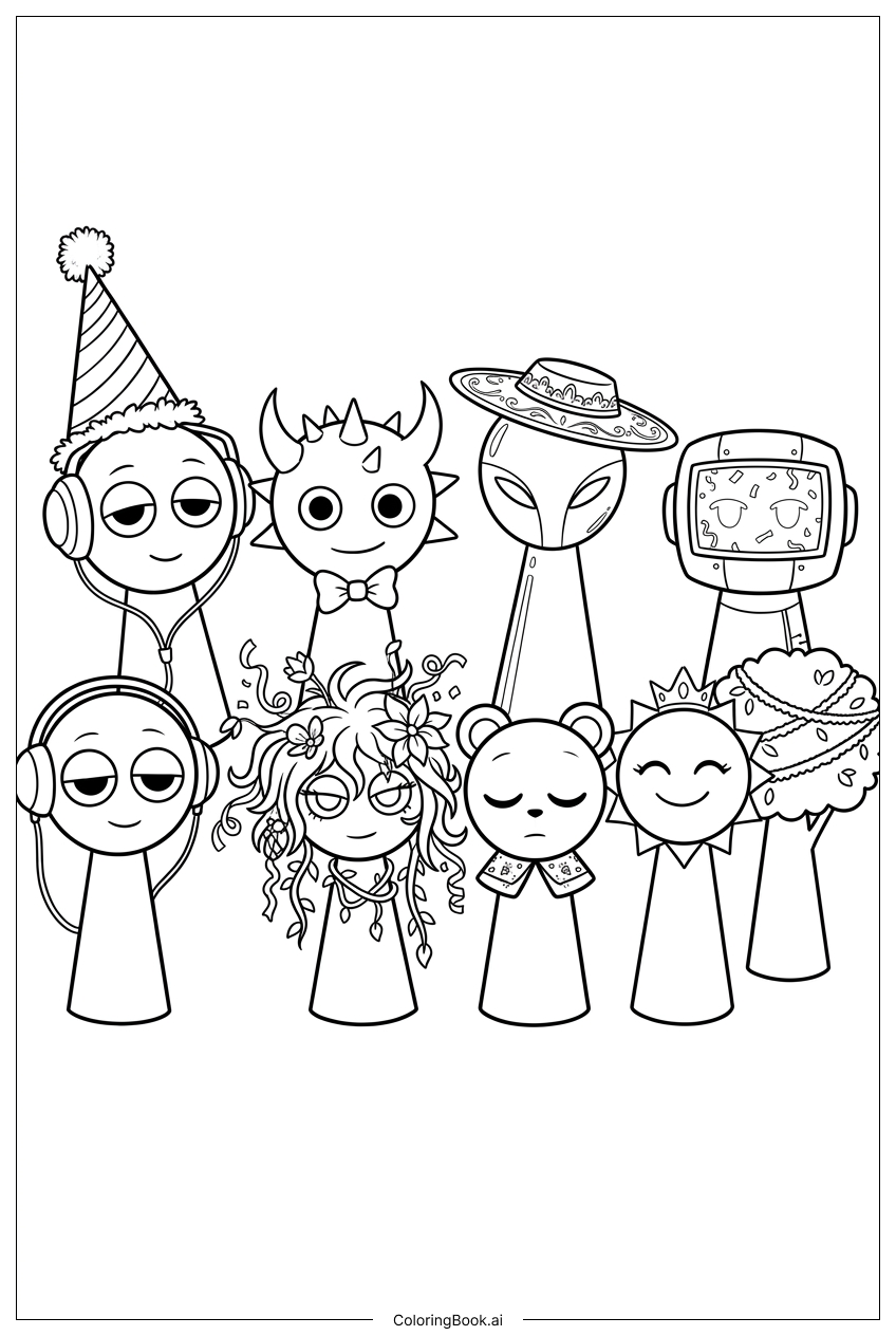 Page de coloriage L'Équipe Sprunki Pose Ensemble Après l'Aventure