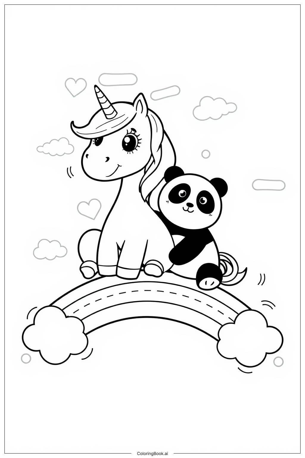  Page de coloriage licorne et un panda assis sur un arc-en-ciel 