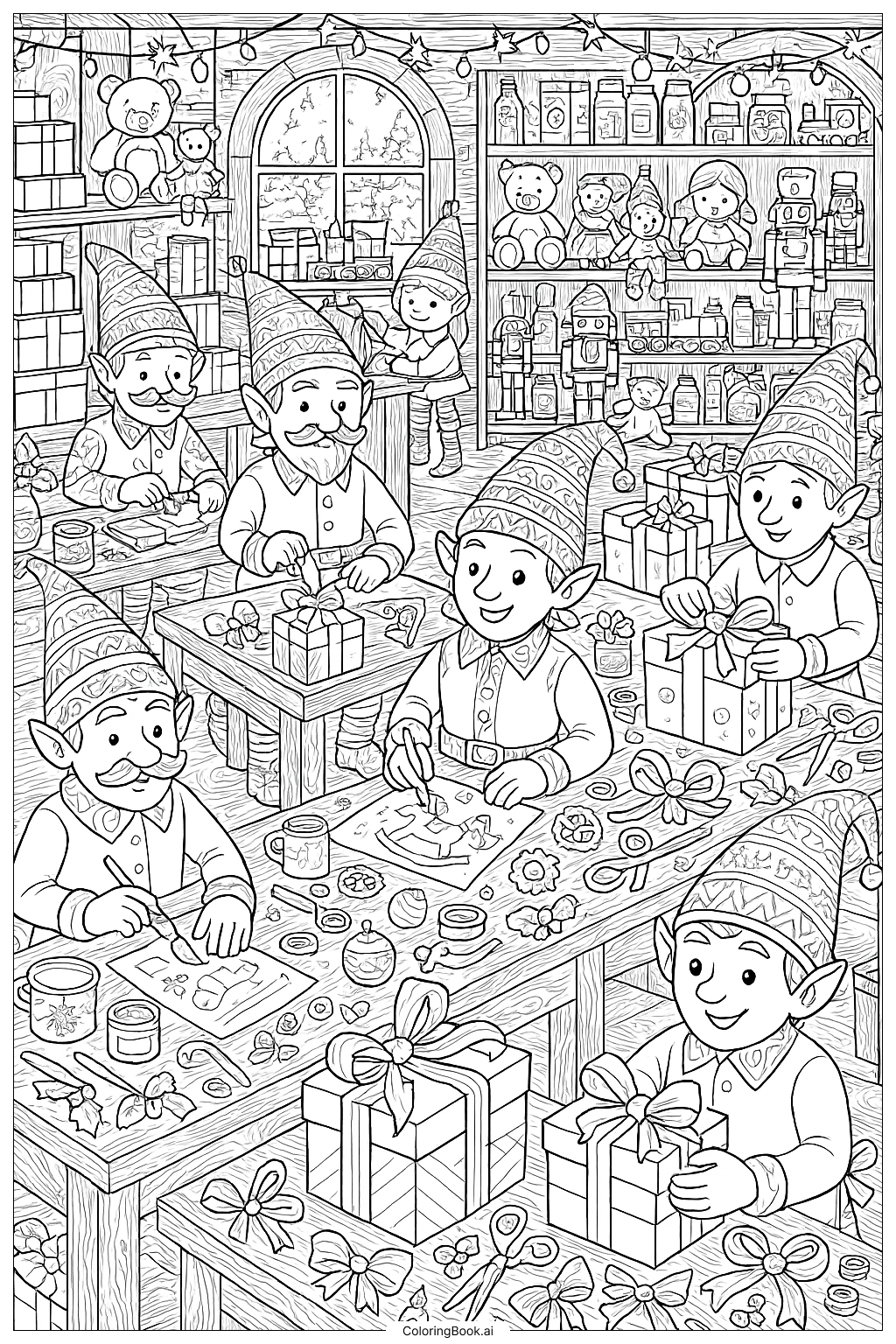  Página para colorir de Cena do Oficina Ocupada do Duende do Papai Noel 