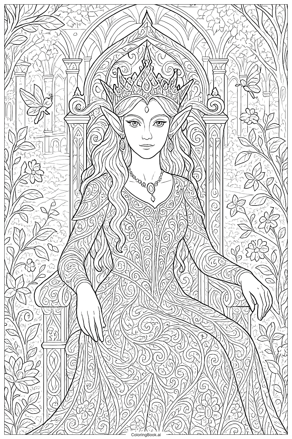  Página para colorir de Uma Rainha Elfa Detalhada em Seu Trono 