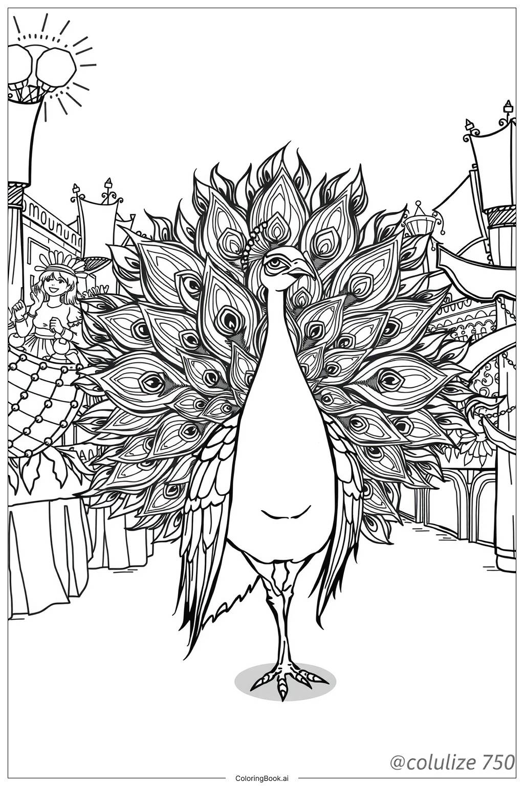  Page de coloriage paon menant une parade 