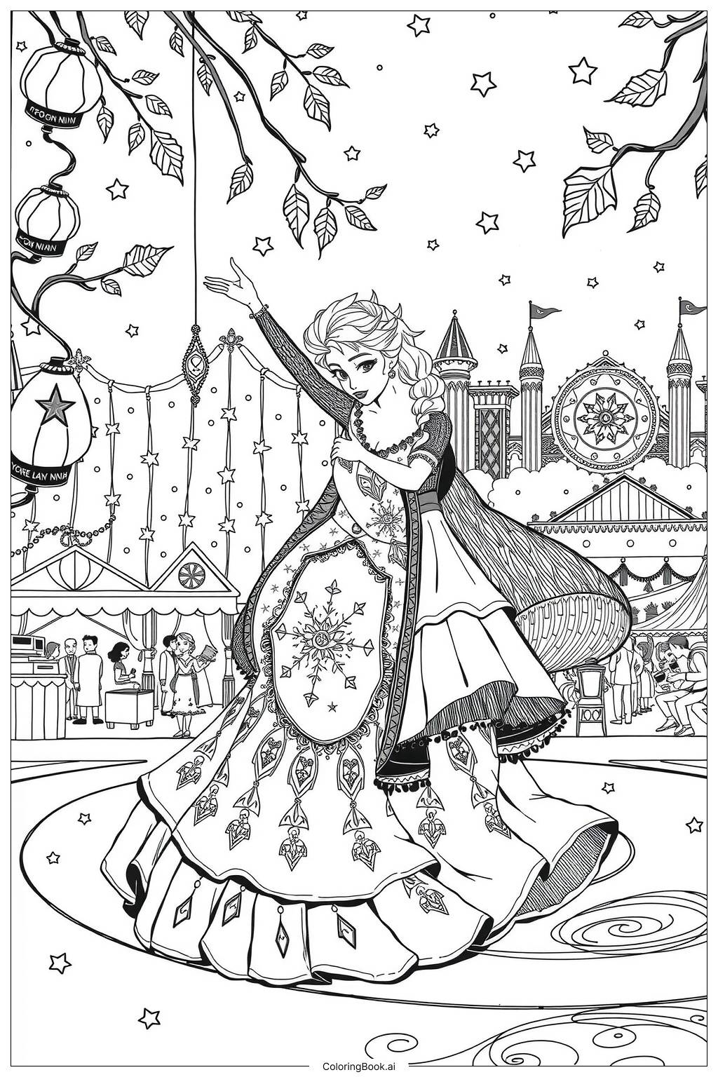  Elsa and Anna Celebrating a Festival Coloring Page 