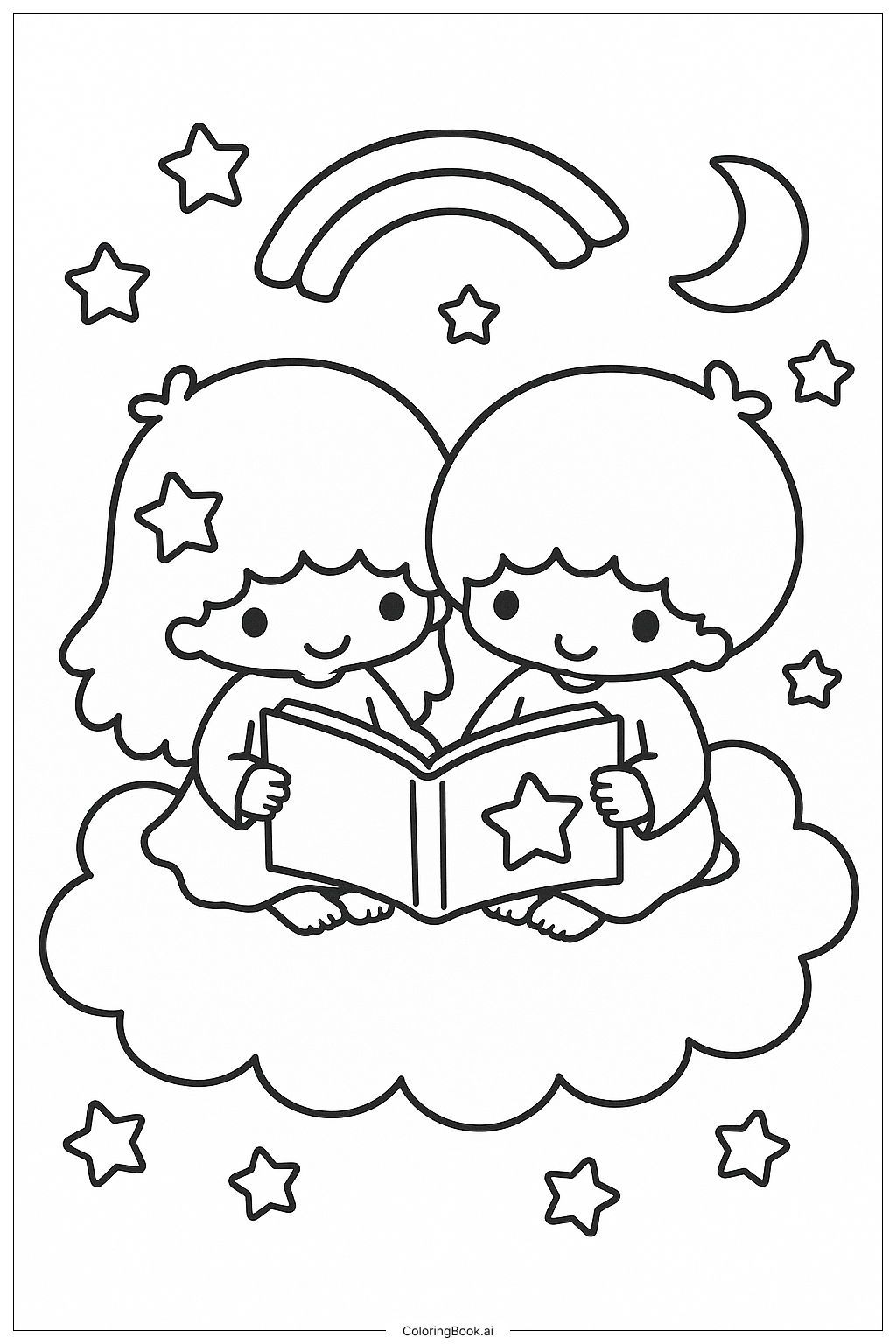  Little Twin Stars Reading A Magical Storybook Coloring Page 