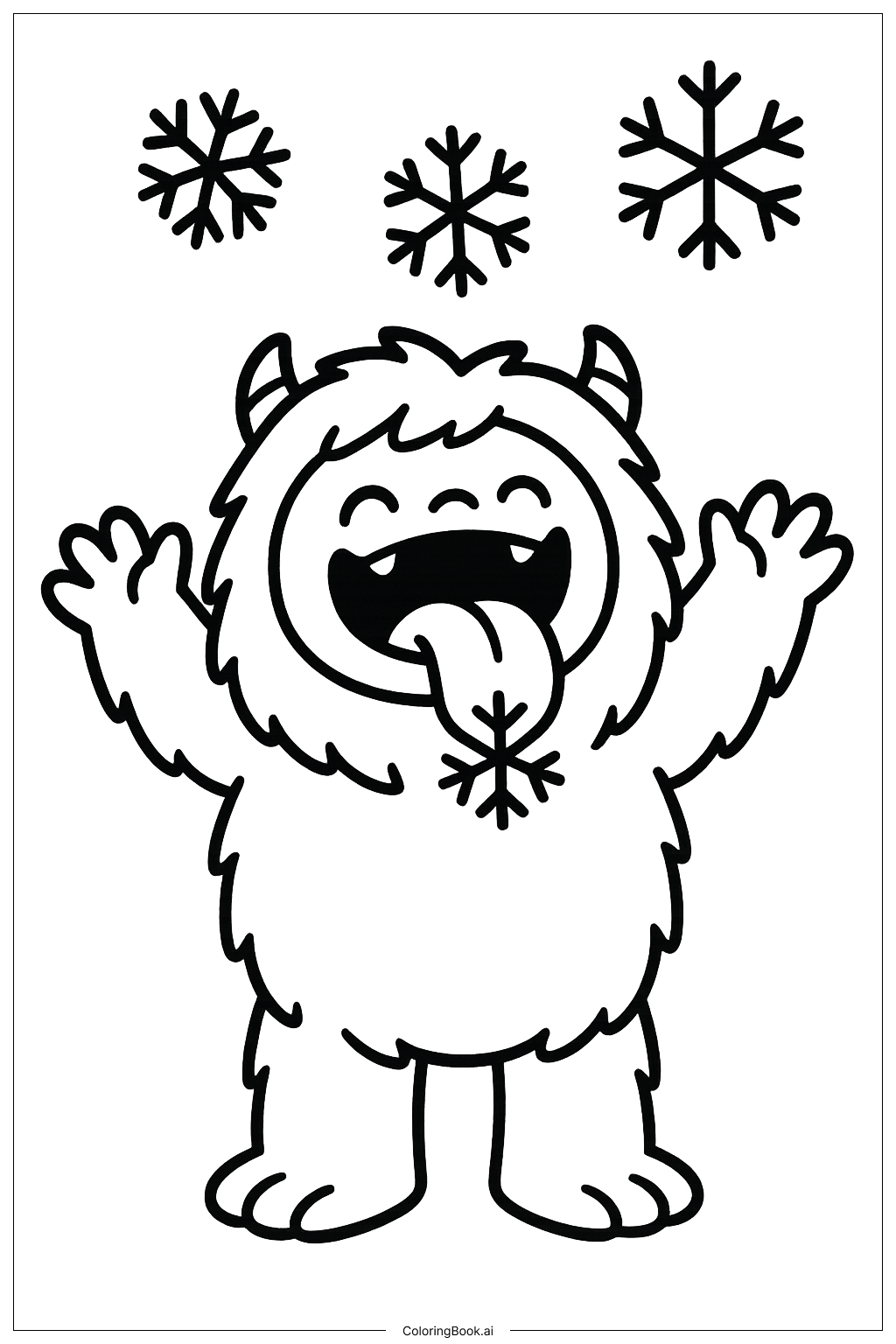  Page de coloriage Yéti attrapant des flocons de neige sur sa langue 