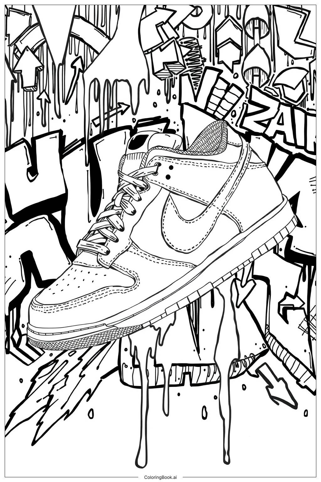  Página para colorir de tênis nike dunk com fundo de grafite 