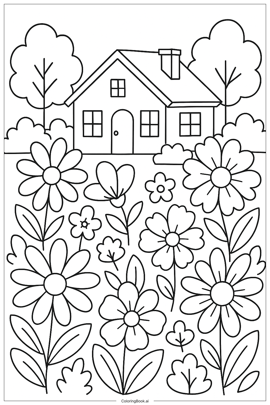  Página para colorir de Uma Casa Com Um Grande Jardim de Flores 