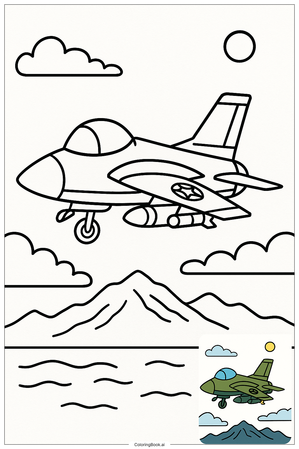  Page de coloriage Avion de chasse militaire dans les nuages 
