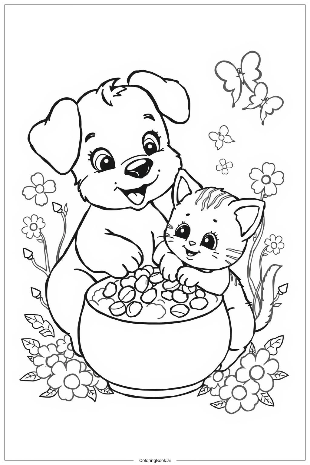  Página para colorir de Cachorrinho e gatinho fofos compartilhando comida 