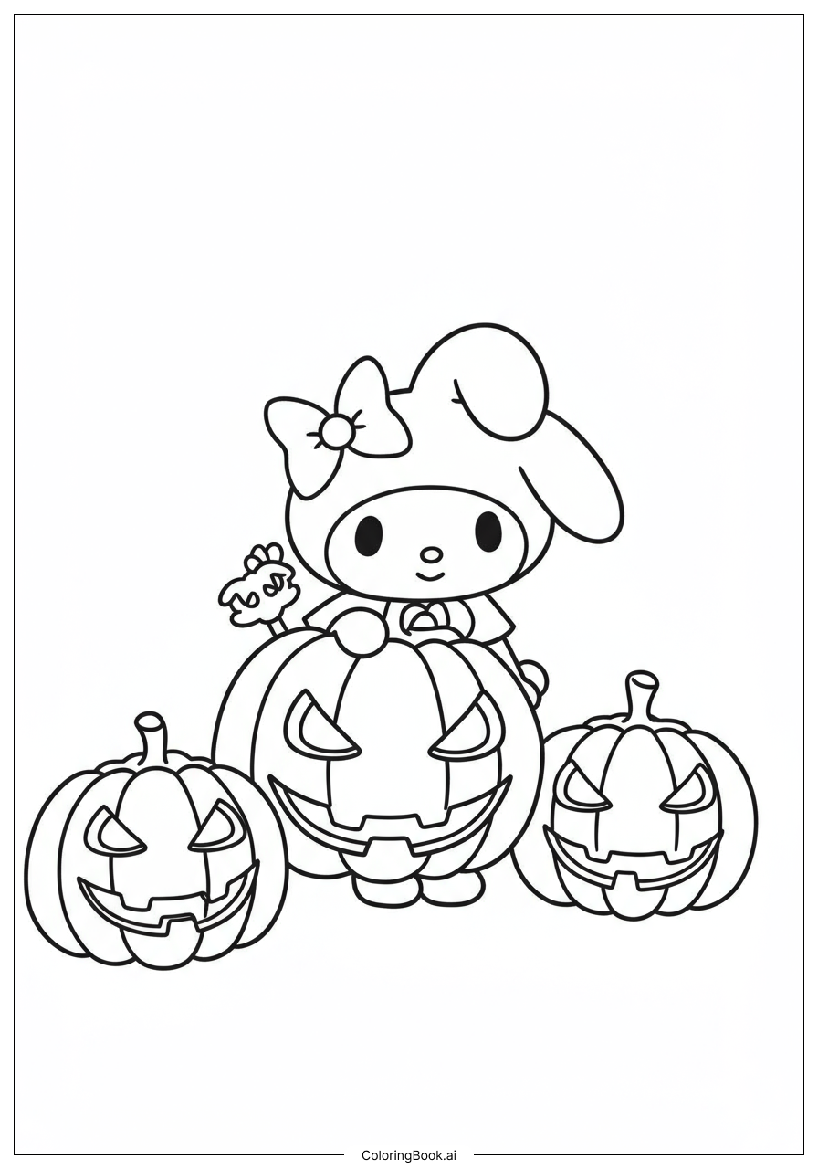  My Melody with Halloween Pumpkins Coloring Page 