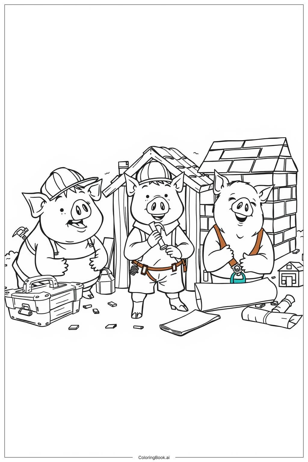  Three Little Pigs Building Their Houses -2 Coloring Page 