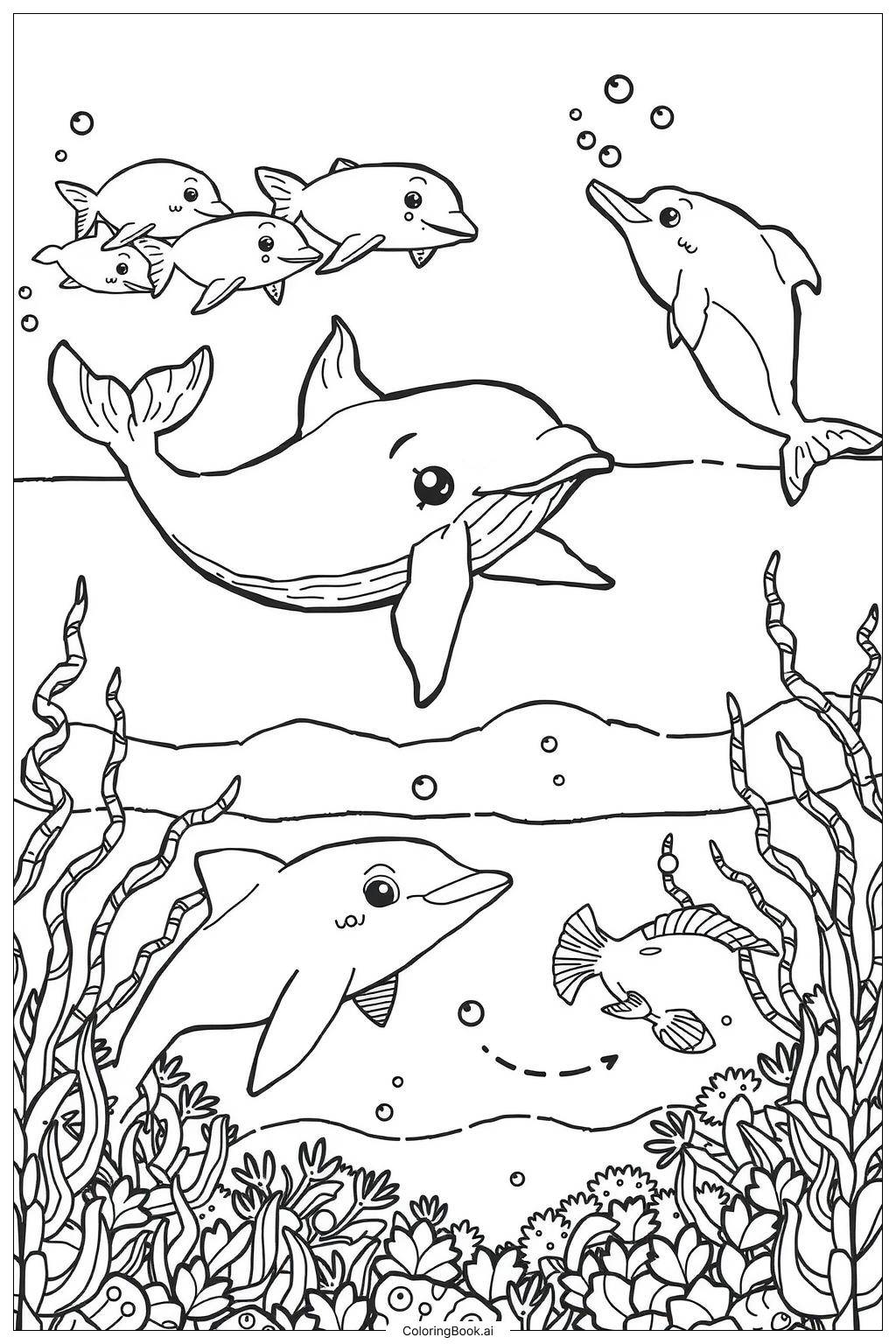  Page de coloriage Bébé dauphin temps de jeu 