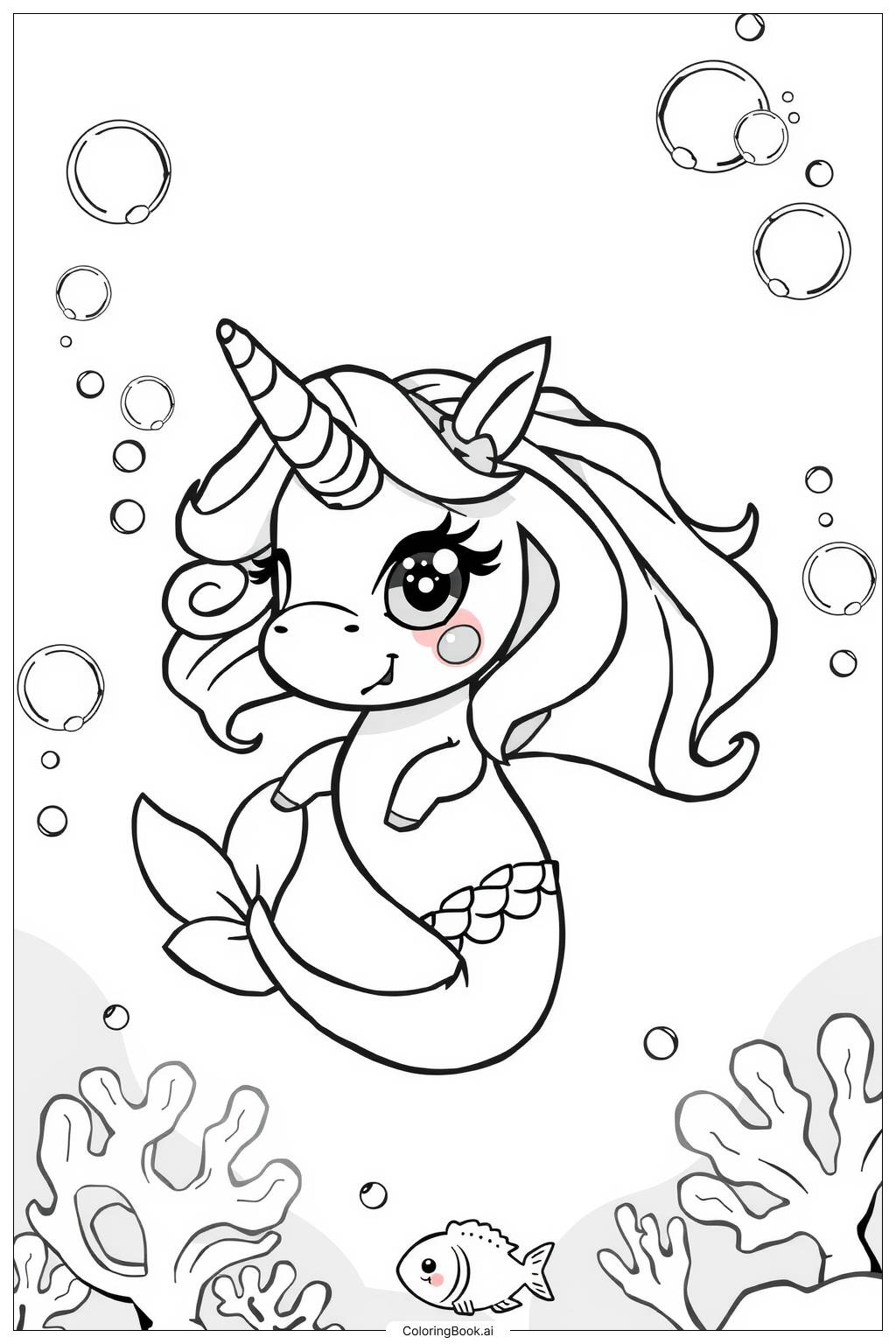  unicorn mermaid swimming in the ocean Coloring Page 