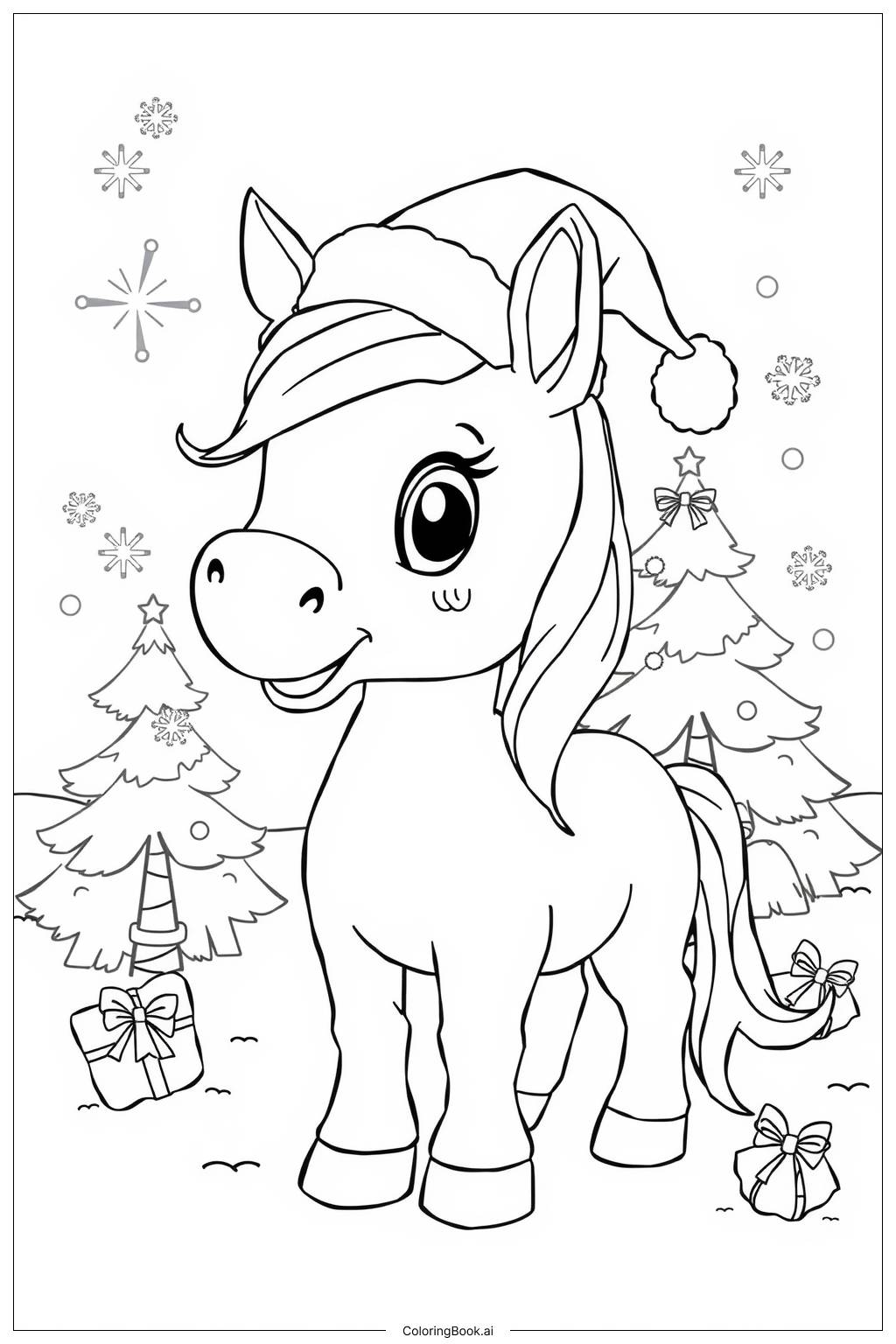  Page de coloriage Poney de Noël avec un chapeau de Noël 