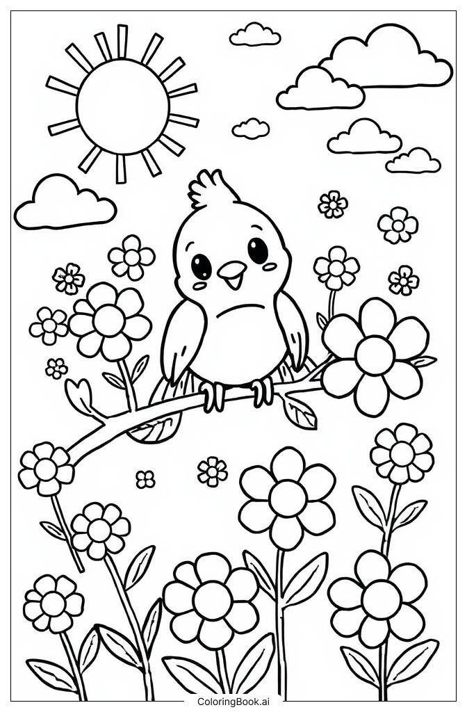  Página para colorear de Aves y flores 