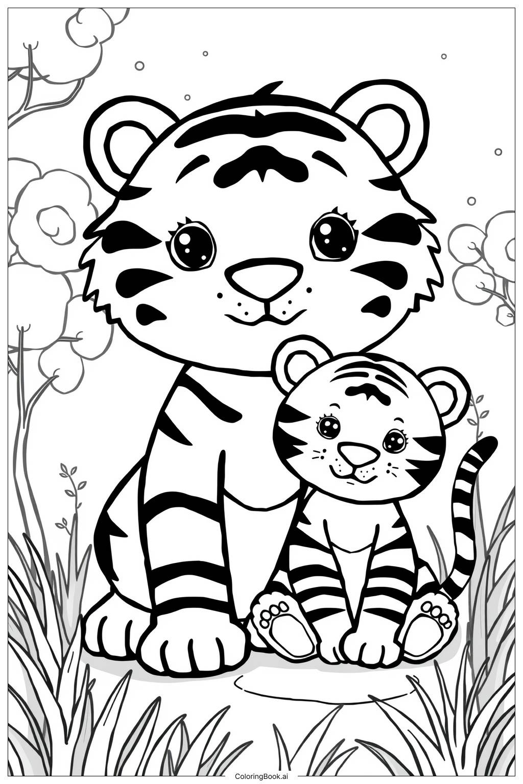  Tiger Family Scene Coloring Page 