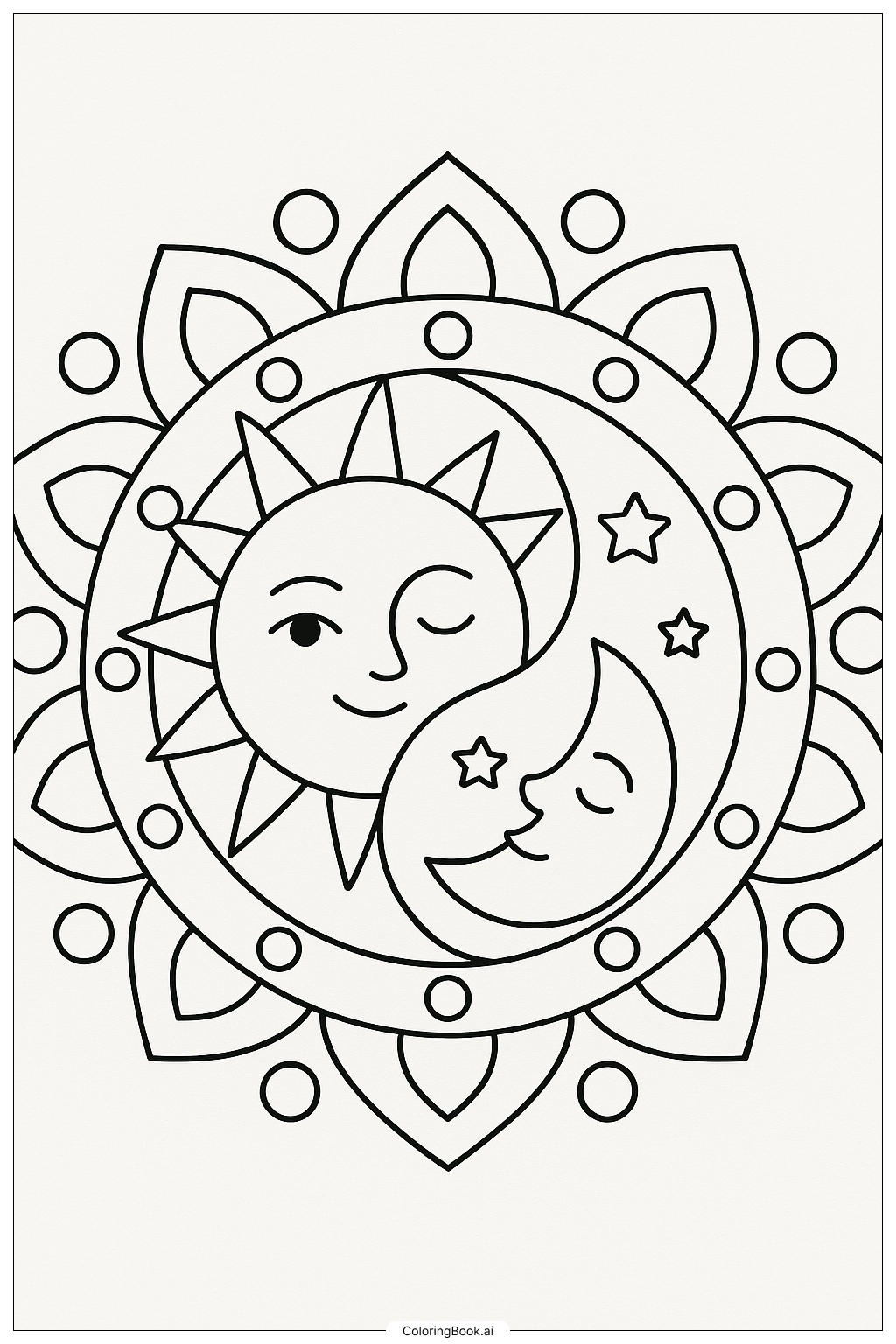  Page de coloriage Mandala Soleil et Lune Yin Yang 