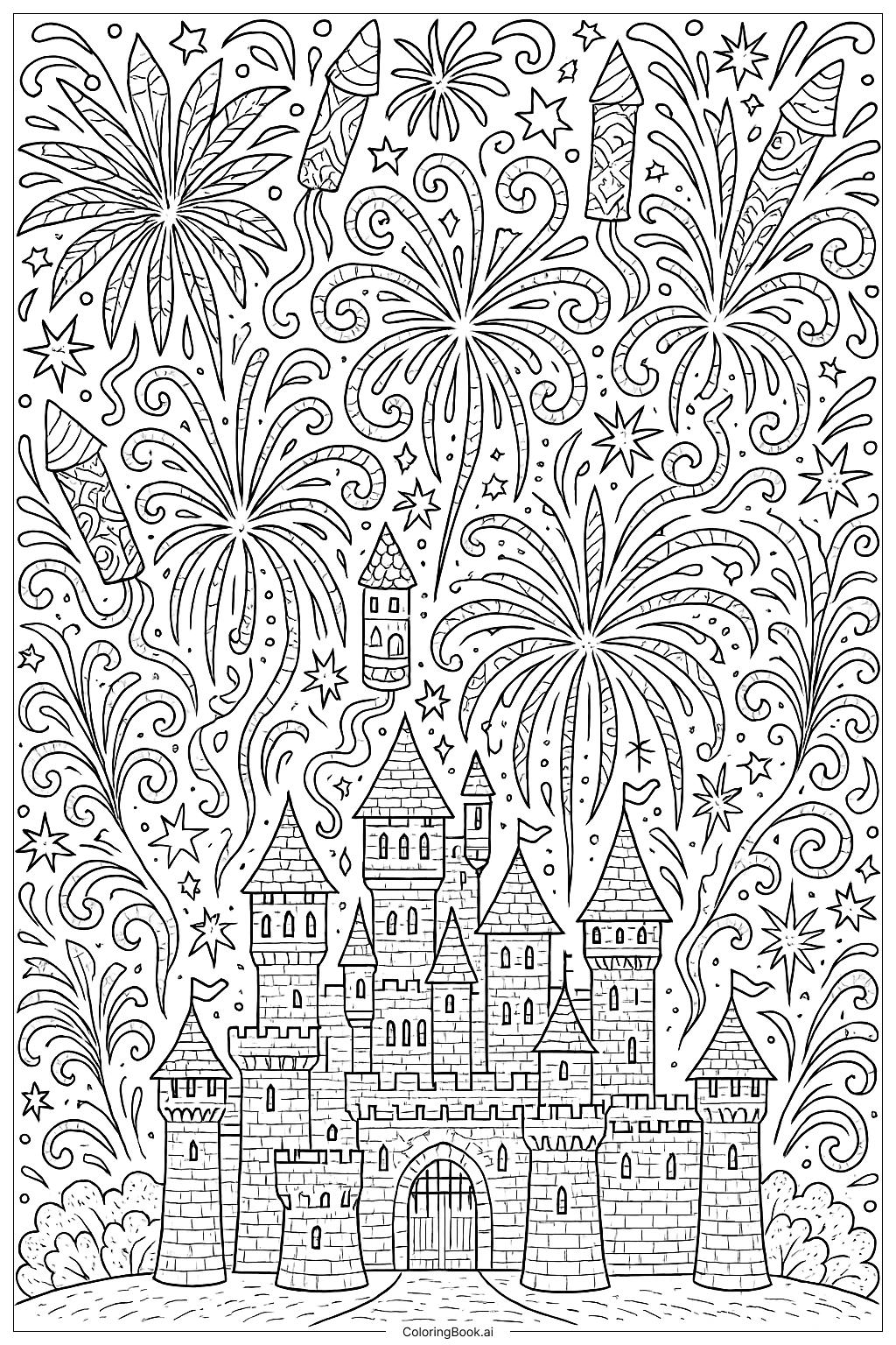 Intricate Firework Display Over A Castle Coloring Page