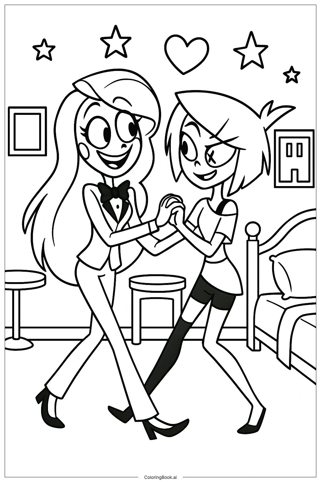 Hazbin Hotel의 Charlie와 Vaggie의 춤 색칠공부 페이지