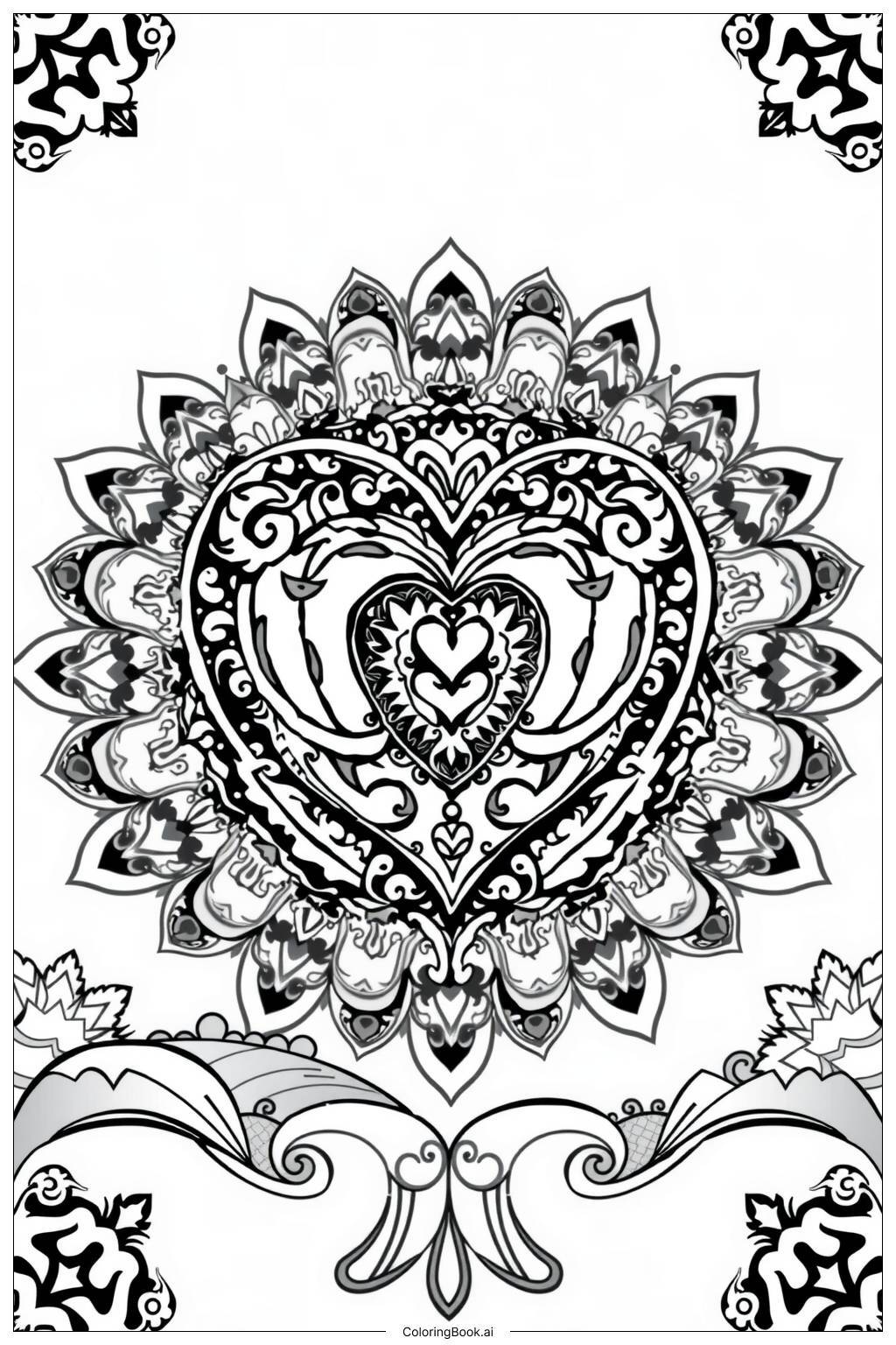  Page de coloriage Conception de Mandala en Cœur Élégant 