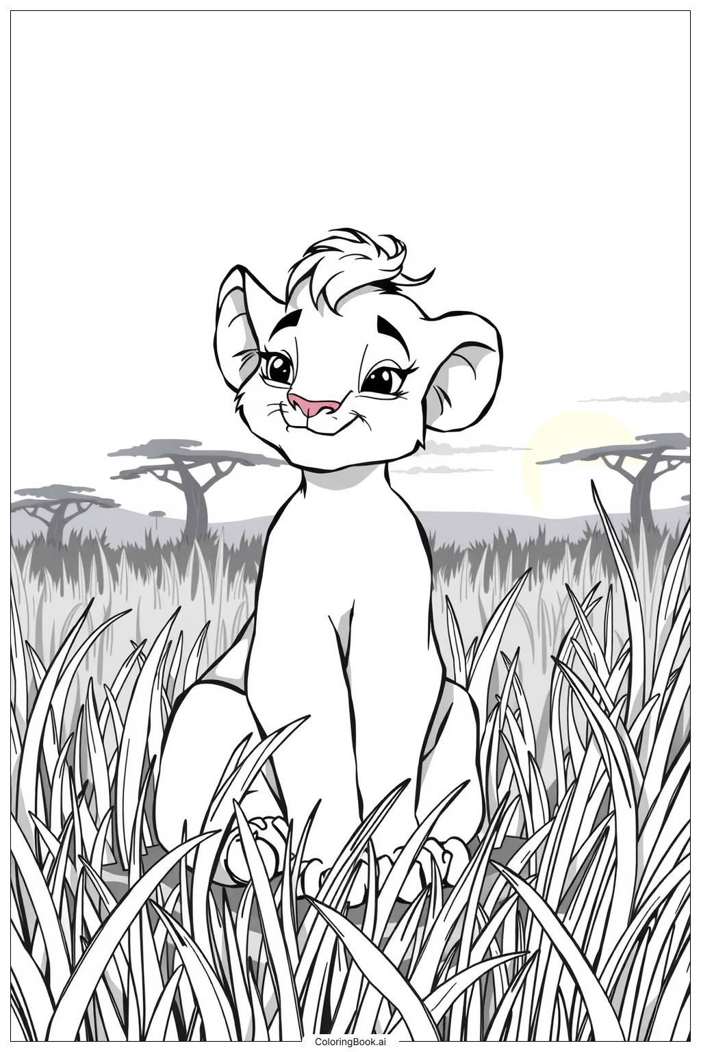  Page de coloriage le roi lion nala souriante dans l'herbe-2 