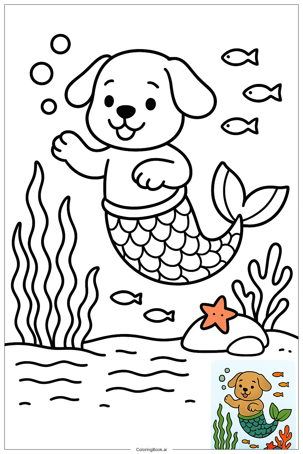 美人鱼狗在水下的场景填色页