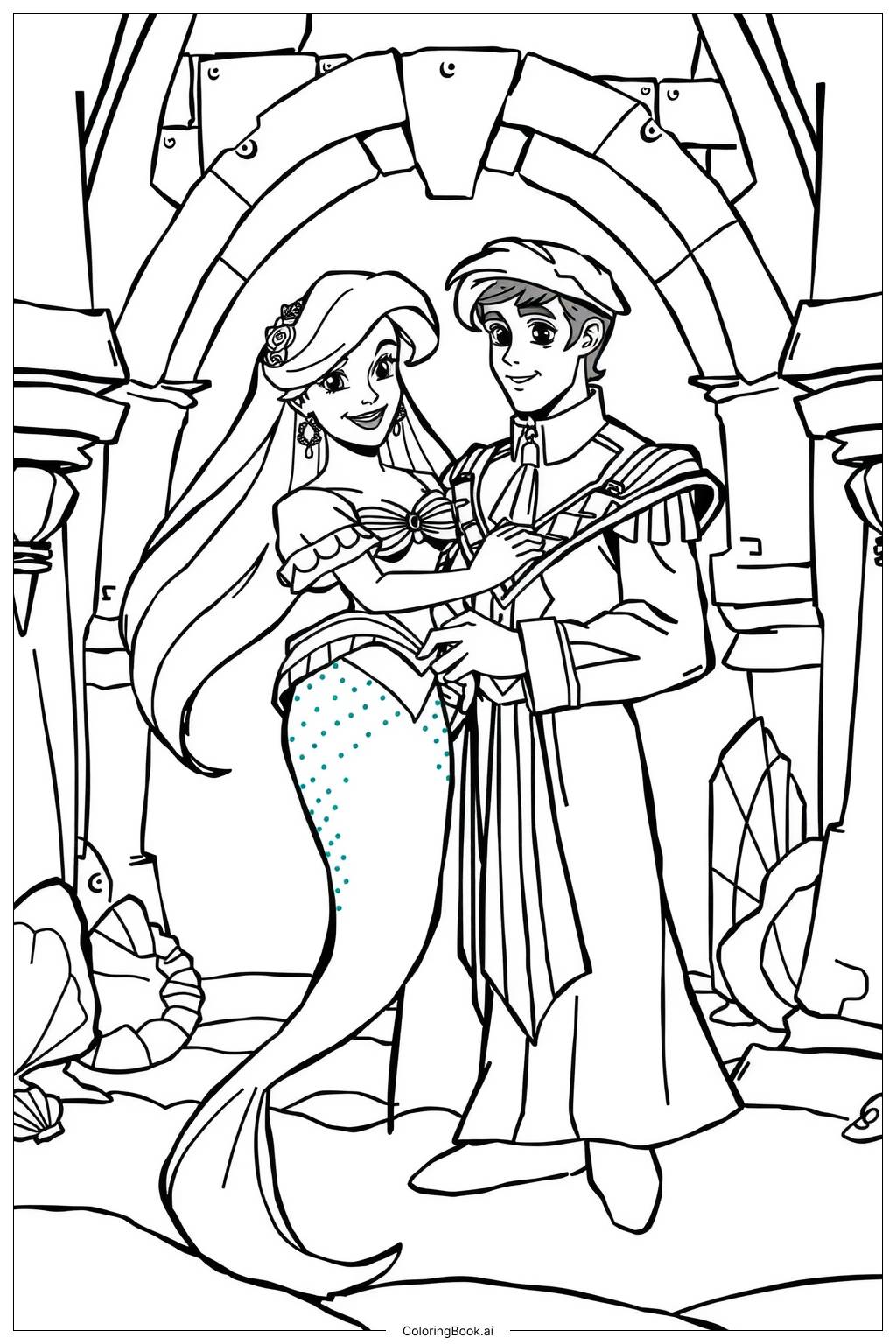  Page de coloriage Ariel et Melody jouant avec des créatures marines, Ariel et Eric dans une scène de mariage royal 