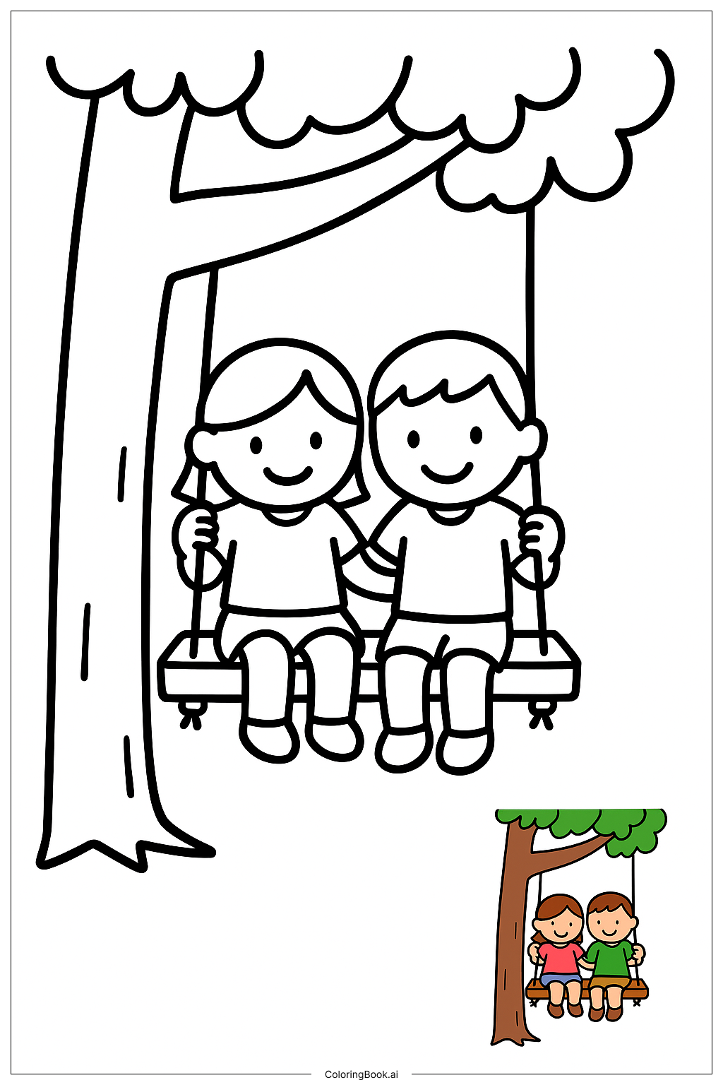  Friends Sitting On A Swing Under A Tree著色頁 