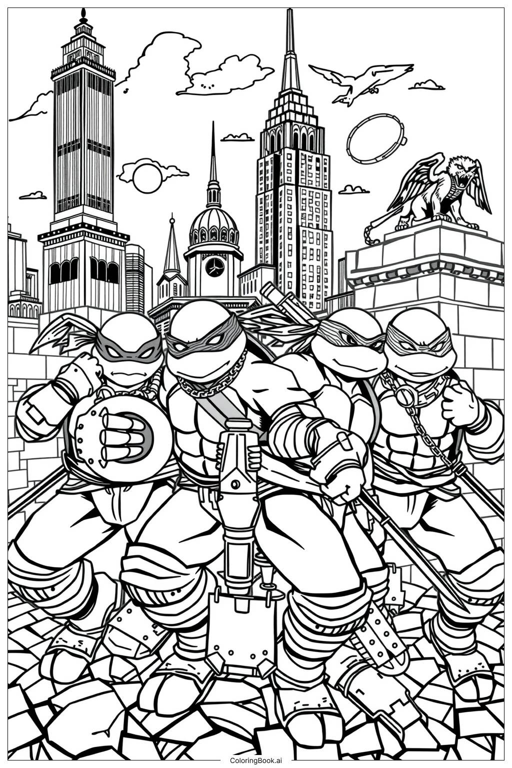  ninja turtles teaming up for adventure Coloring Page 