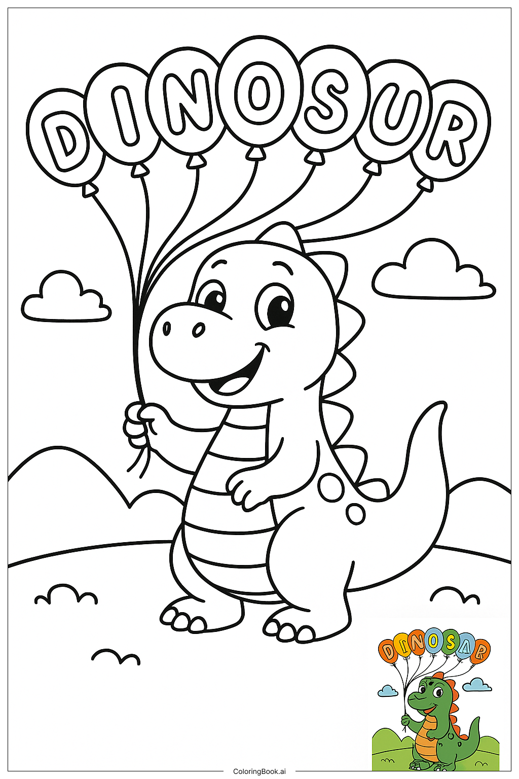  Page de coloriage Dinosaur Avec Lettres en Ballon 