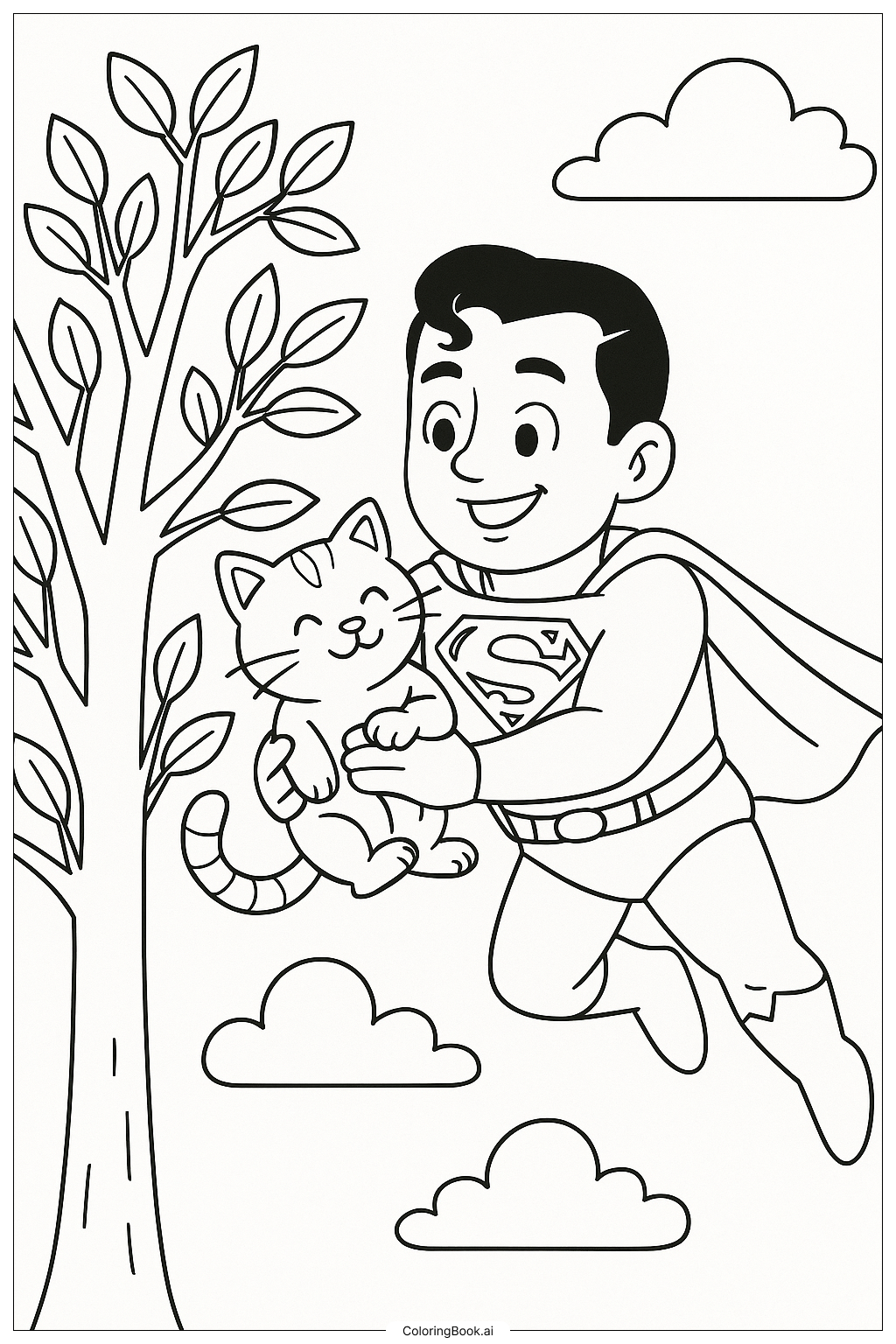  Página para colorear de Superman rescatando a un gato de un árbol 