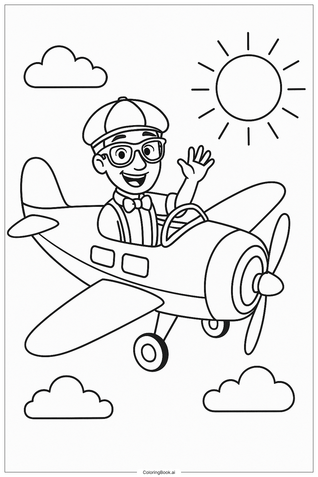  ブリッピが飛行機を操縦するの塗り絵ページ 