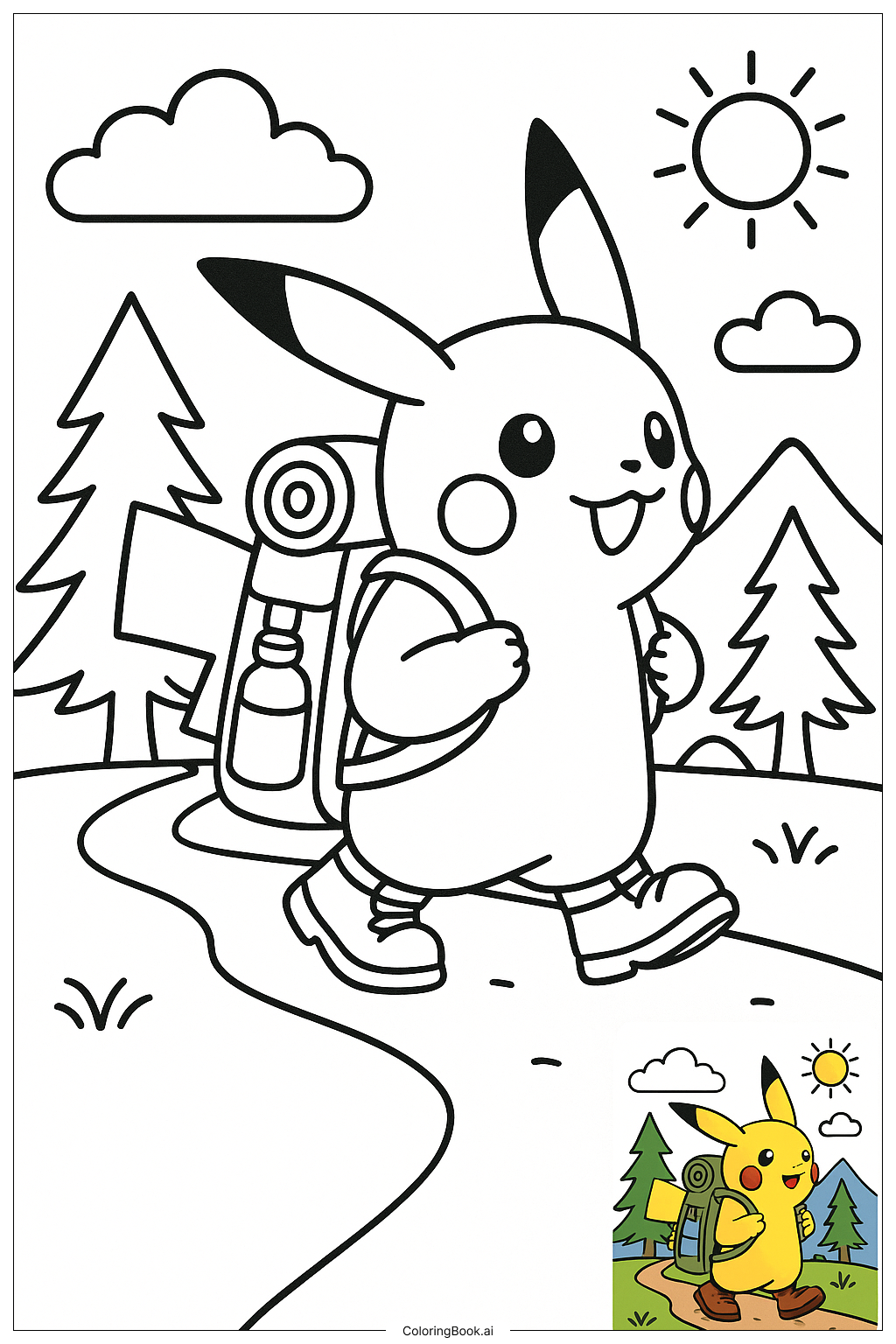  Trang tô màu Pikachu Đeo Ba Lô Và Đi Bộ 