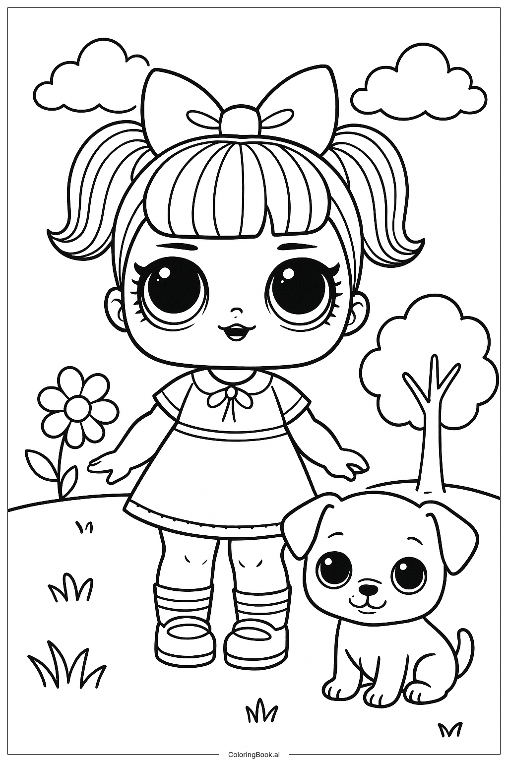Lol-Puppe mit ihrem süßen Haustierwelpen Ausmalseite