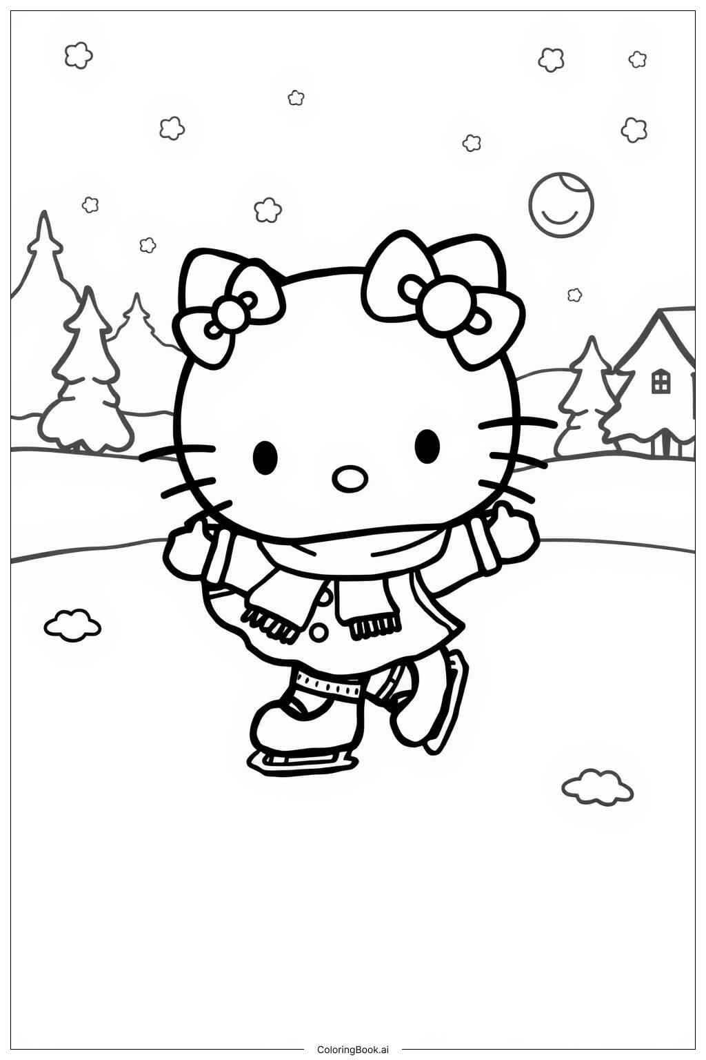  Página para colorir de hello kitty patinando noite de natal 