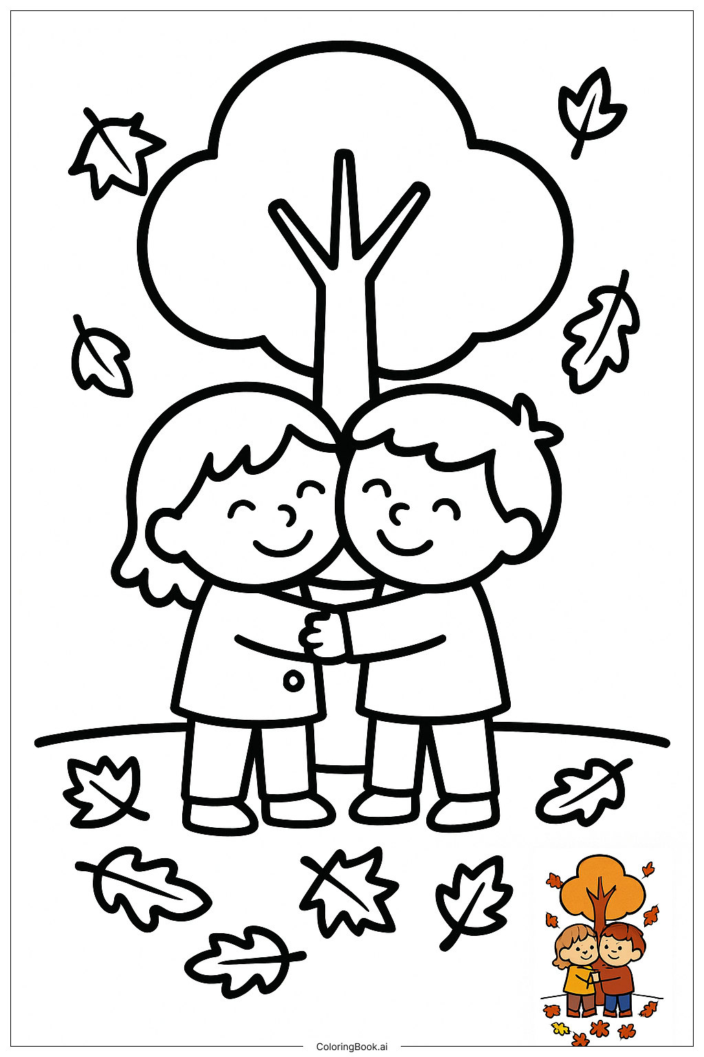  Friends Hugging Under Colorful Autumn Leaves著色頁 