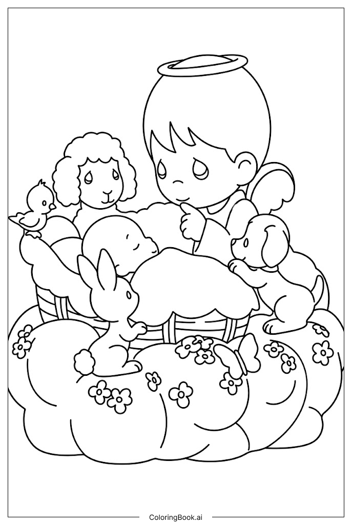  Página para colorear de El ángel de Precious Moments cuida a los amigos recién nacidos 