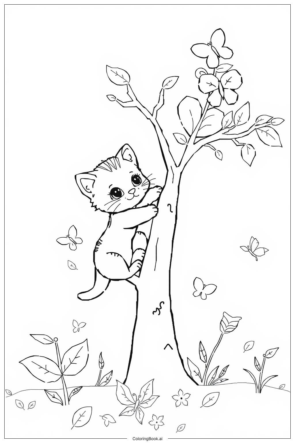  Página para colorear de Gatito trepando una rama de árbol 