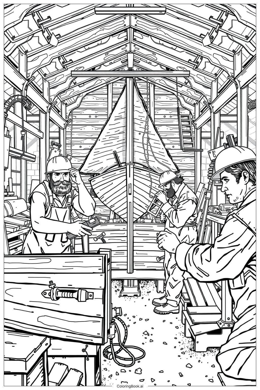  Page de coloriage Constructeurs de bateaux travaillant sur une coque en bois 