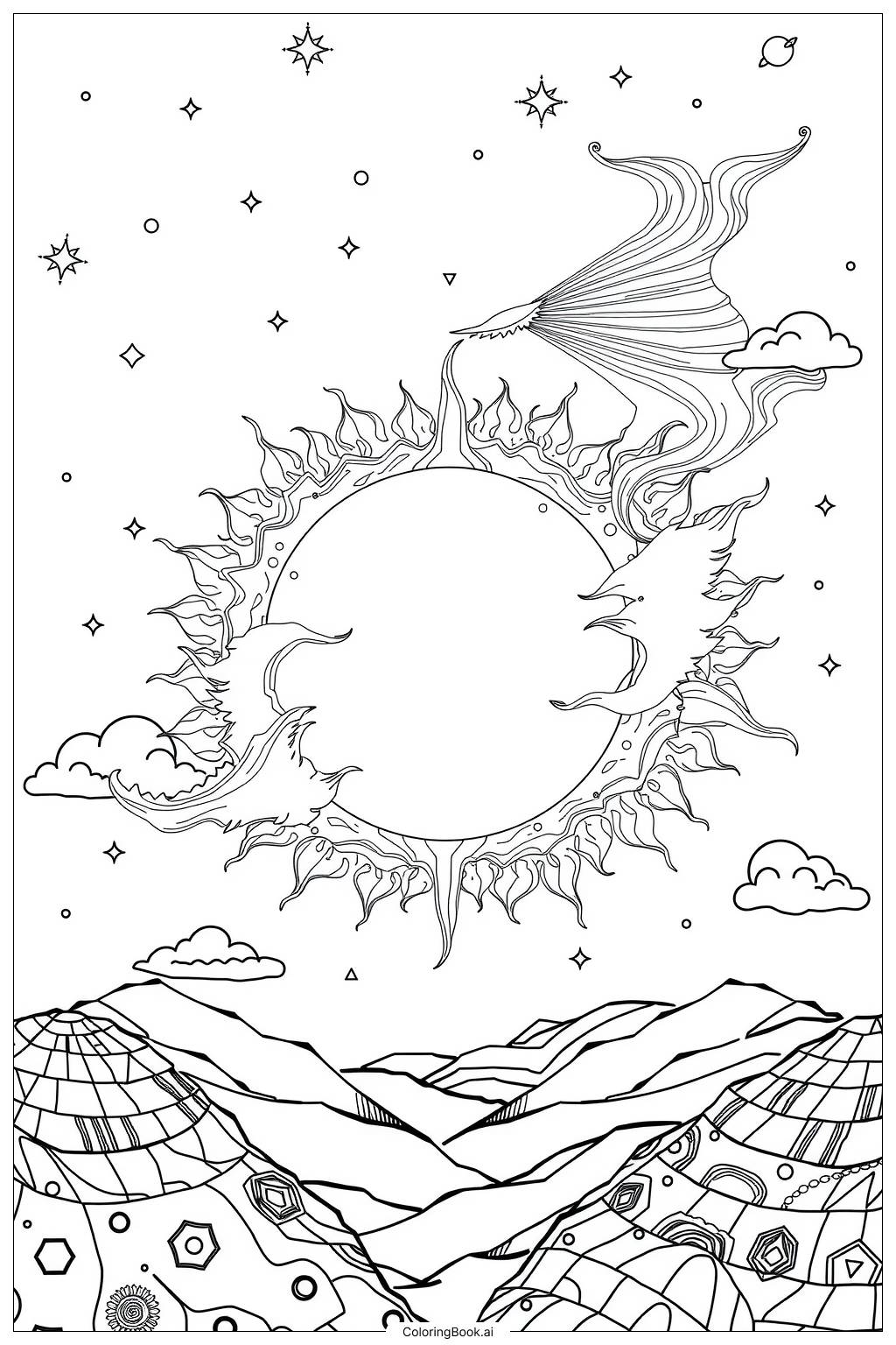  Página para colorear de Eclipse Solar con Estrellas Apareciendo 