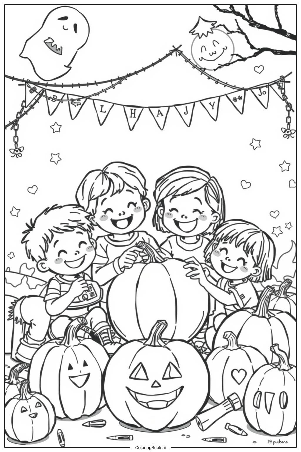  Página para colorear de Niños tallando calabazas en Halloween 