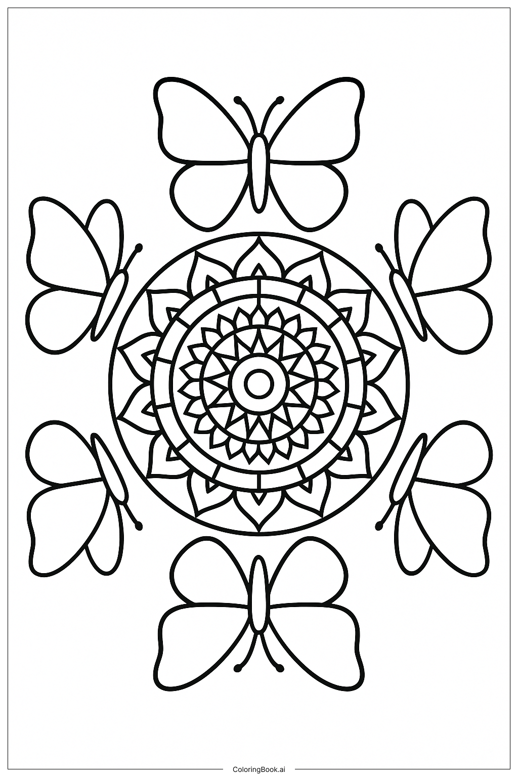  Mandala Surrounded by Butterflies Coloring Page 