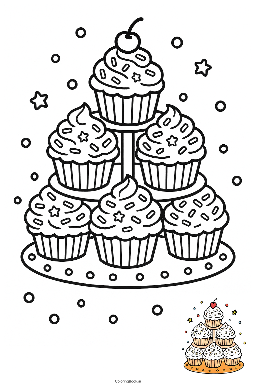 Trang tô màu Tháp tráng miệng cupcake với rắc phối