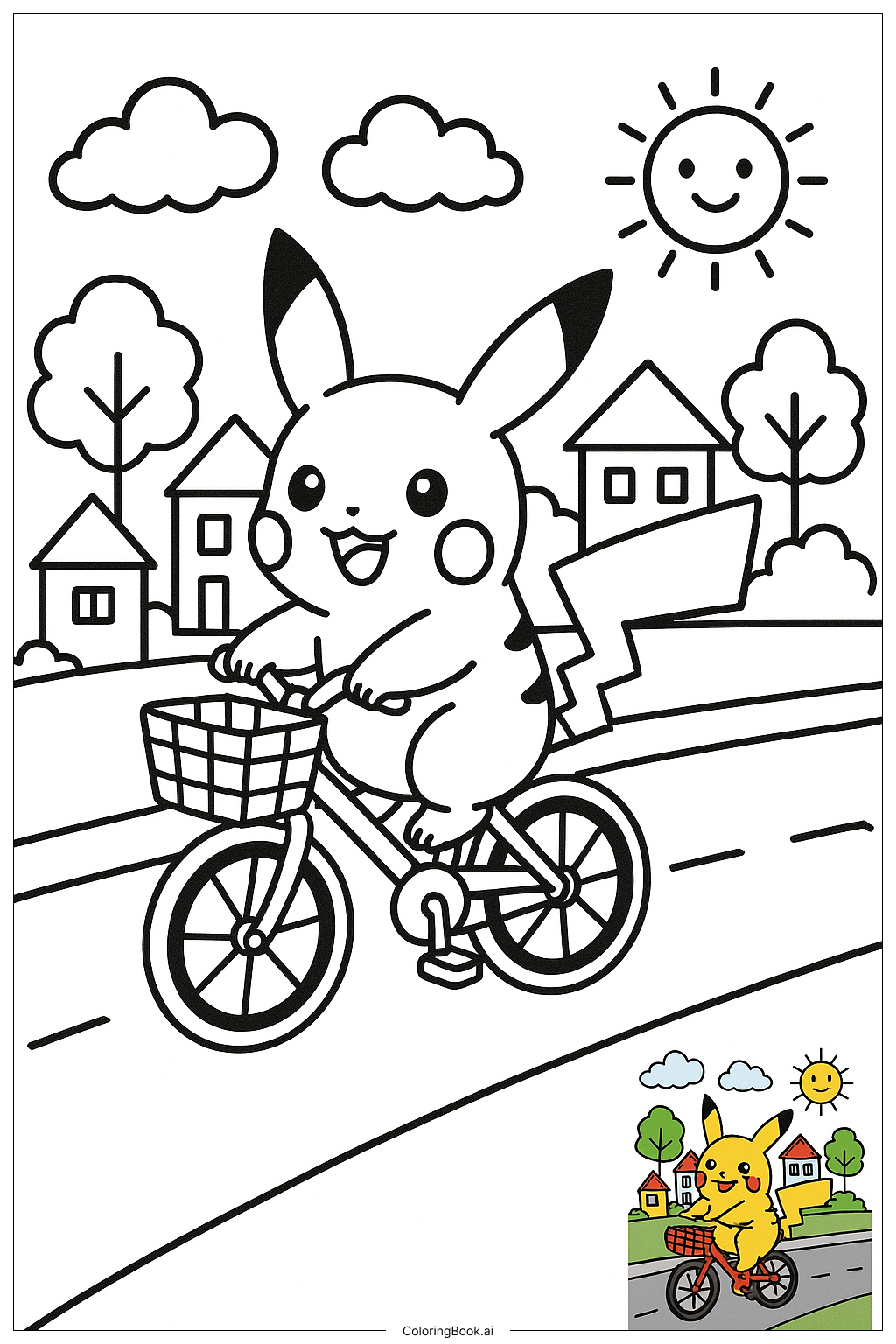  Pikachu Riding A Bicycle In Town Coloring Page 