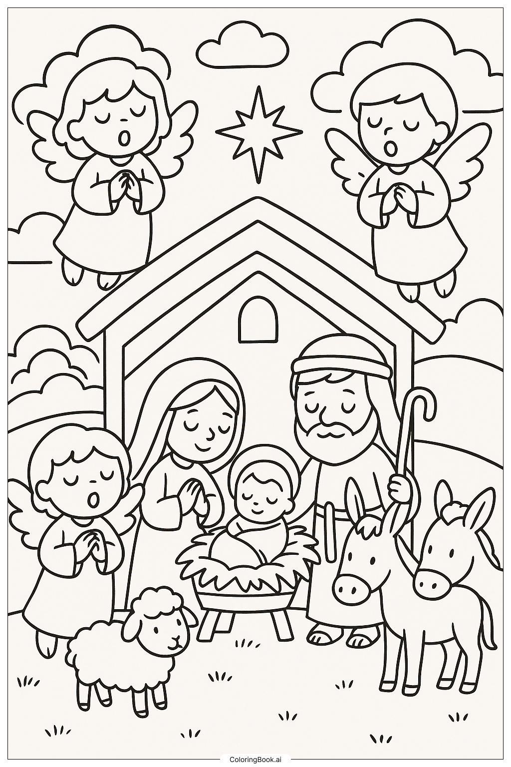  Engelschor singt zur Weihnachtskrippe Ausmalseite 