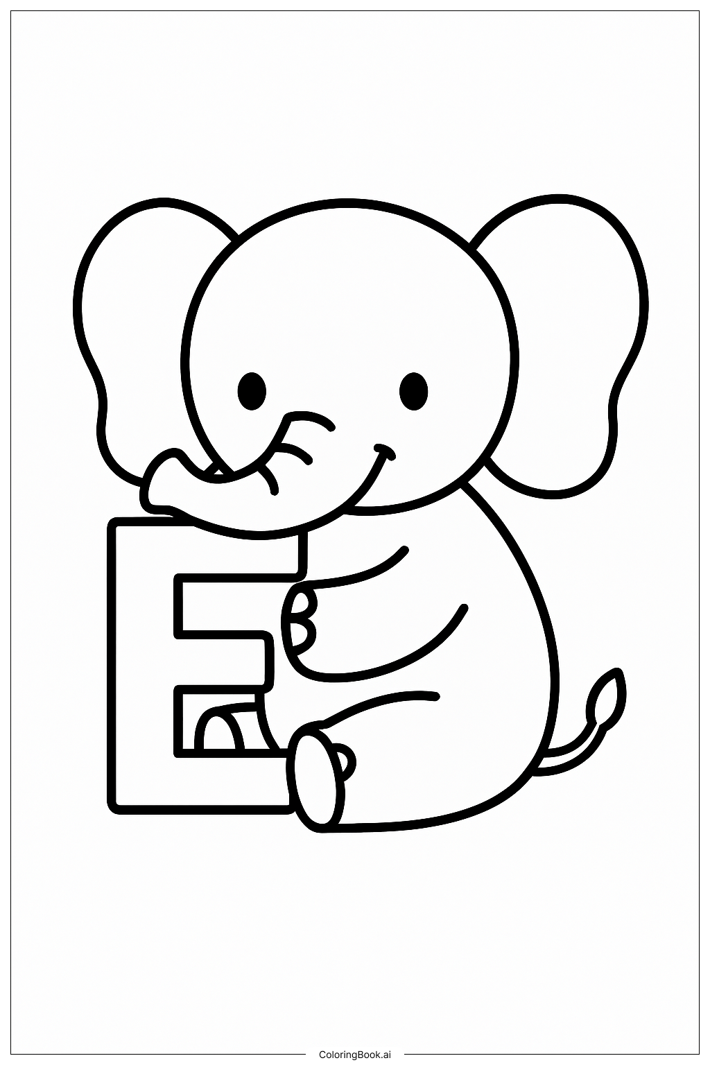  Page de coloriage Éléphant tenant la lettre E 