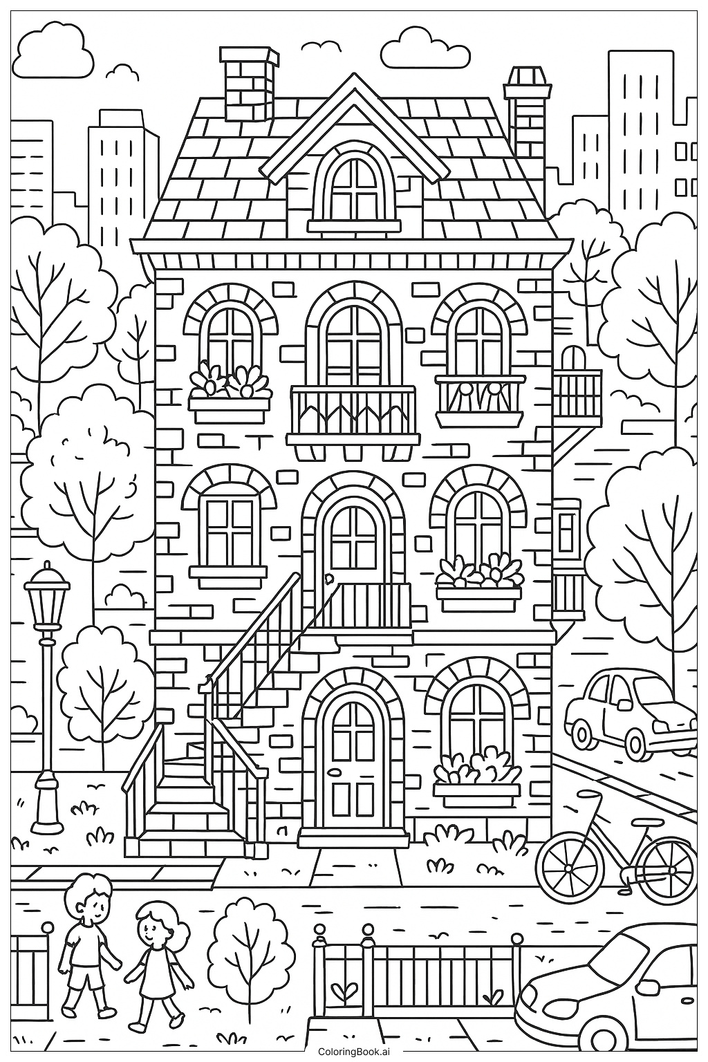 A Busy City House with Details Coloring Page