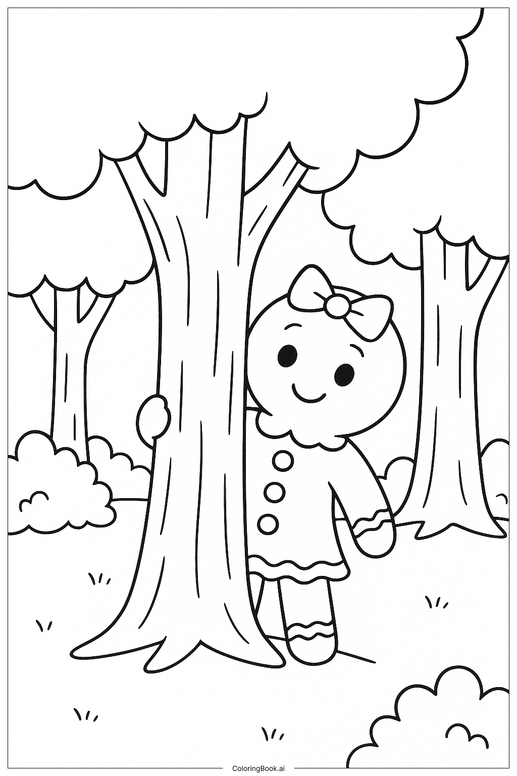  森に隠れたジンジャーブレッドの女の子の塗り絵ページ 