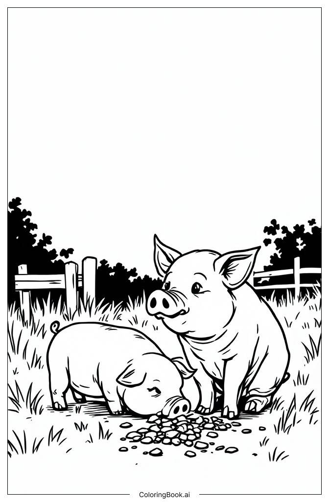  Page de coloriage Un cochon mangeant à la ferme 