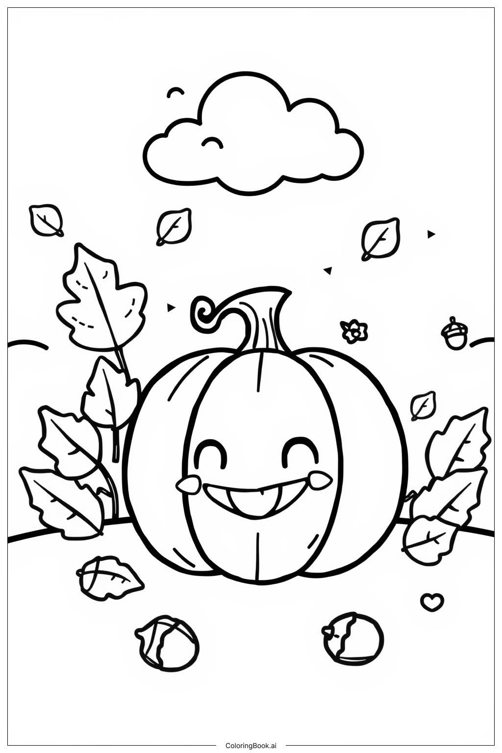  Página para colorear de Escena de oración de calabaza con fondo de otoño 