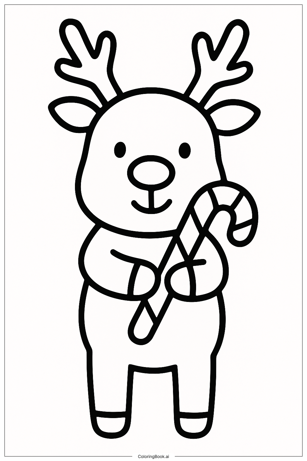  A Simple Reindeer With A Candy Cane Coloring Page 